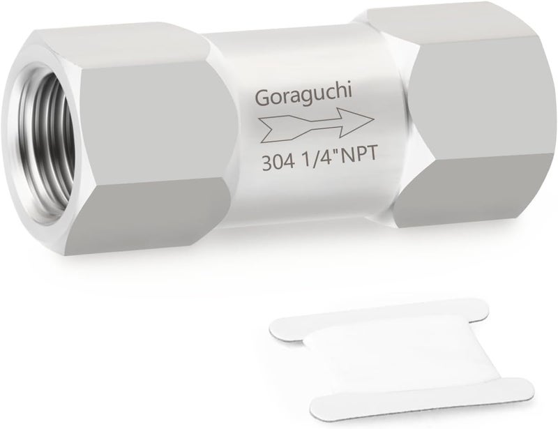 Goraguchi صمام فحص أنثوي 1/4" NPT من الفولاذ المقاوم للصدأ 1 قطعة، صمامات فحص غير رجعية، منع التدفق العكسي للوقود/الهواء/السائل/الزيت/الغاز - Image 1